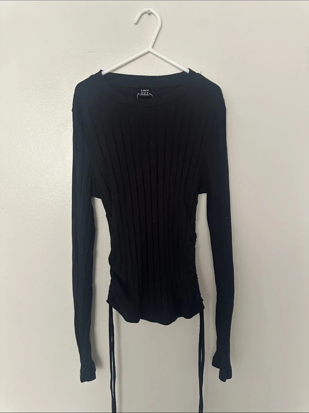 SHEIN Black Ribbed Long-Sleeve Top with Side Drawstrings